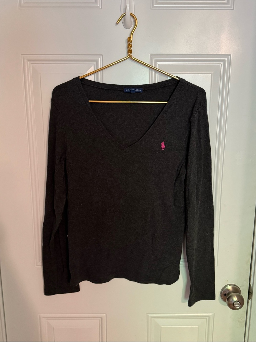 Ralph Lauren Long Sleeve Shirt Womens Size XL Charcoal Gray Pink Pony Preppy